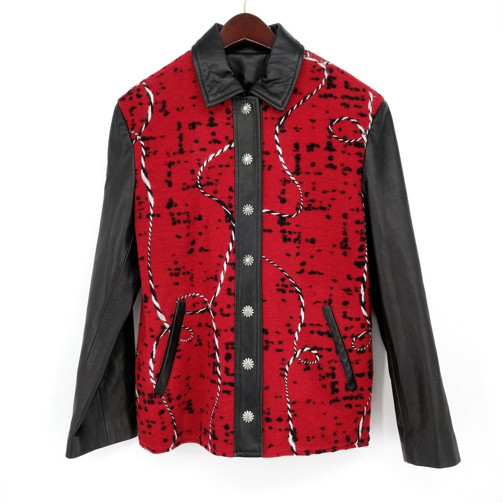 Vintage Renegade Spirit Western Cowboy Leather Tweed Shirt Jacket USA Red Size S
